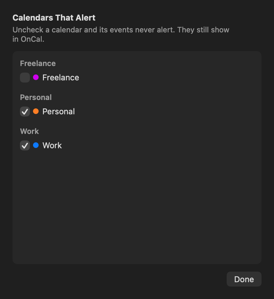 OnCal's list of calendars that alert, with a Freelance calendar turned off