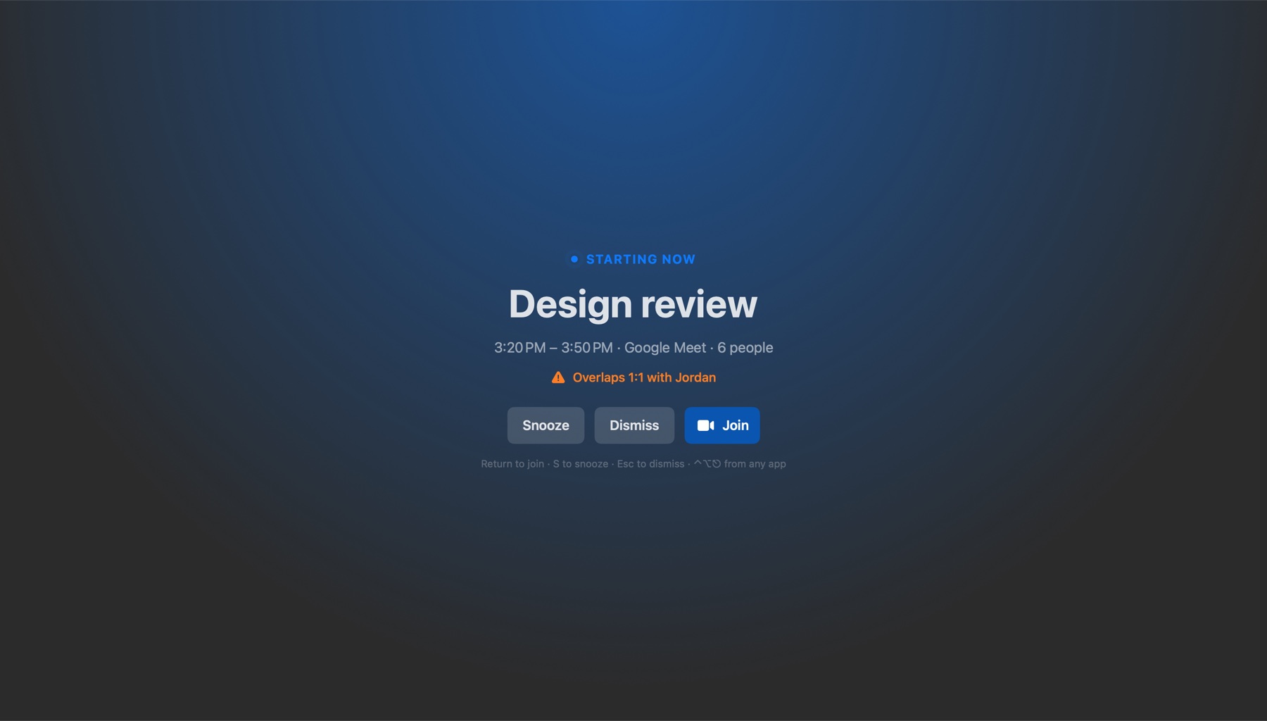 OnCal's full-screen alert: Design review, starting now, on Google Meet with six people, with a warning that it overlaps 1:1 with Jordan, and Snooze, Dismiss and Join buttons