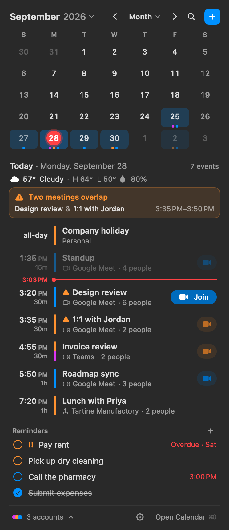 OnCal's panel under the menu bar: September's month grid, today's weather, a warning that two meetings overlap, and today's meetings with a Join button on the next one